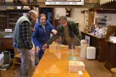 Tuesday, 10.3.15. Careful does it! Charles, Bill & Ian assemble the cover for the Corris Station model …