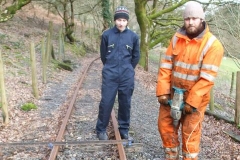 While there is much activity in the sheds at Maespoeth, Gwion and Sam are preparing to drill replacement sleepers up the line …