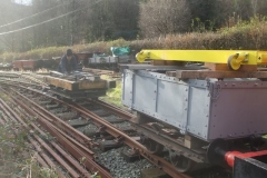 The two Heritage Waggons being worked on were temporarily mounted on Hudson waggon chassis, and were returned to the Carriage Shed behind the locomotives, to guard against any runaways!