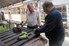 Tuesday, 6.6.2023. Dick and Bill have removed the gate from the North Platform leading to the Carriage Shed, and are giving it some badly needed tlc.