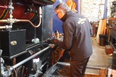 Thursday, 14.3.2019. Ted has returned to fit remaining items to No. 7’s valve gear, measuring movements carefully …