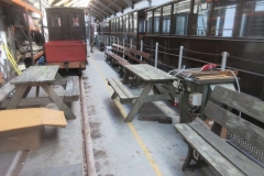 The object of the exercise was to bring the platform benches and picnic tables into the Carriage Shed to dry out and receive a little tlc.