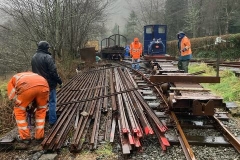 Saturday, 19.2.2022. In fairly wet conditions rail is prepared to be loaded ready for the weekend of track laying.