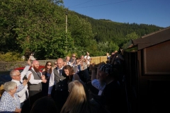 After a trip down to Maespoeth (where the sun had just gone but many photos were taken), the couple and guests returned to Corris to be celebrated off the train and on to their evening's entertainment in the Institute.