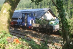 Sunday, 20.9.2020. A view not possible for quite some years! The Sundae Gang clear up after the chainsaw  lopping of undergrowth south of the Signal Box, Maespoeth.