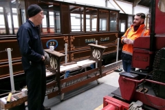 Thursday, 22.2.2024. Jack pays a visit to Peter, working on benches in the Carriage Shed.