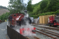 Sunday, 23.6.2019. Jack cautiously leaves Maespoeth South Platform with the 10.30 ecs to Corris, while undergoing his driver assessment.