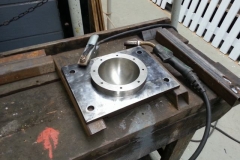 Bogie pivot socket ready to be welded to its mounting plate.
