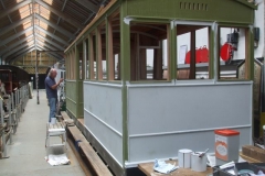 Monday, 2.9.2018. The Monday Gang has arrived, painting carriage No. 23’s exterior in brushing filler …