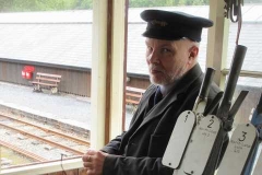 Saturday, 15.7.2023. Bill keeps a wary eye on visitors to his Signal Box on a dull day …