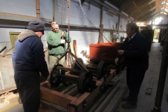 Meanwhile, Mark and Bill (with Adrian) have turned over the recently built Heritage waggon frames and are fixing the axleboxes and wheelsets in position ...