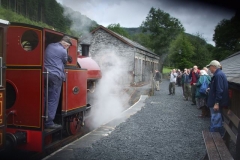 Monday, 7.8.2017. A Study Group from Plas Tan y Bwlch (Maentwrog) photograph the train departing Maespoeth South platform before receiving their Shed Talk …