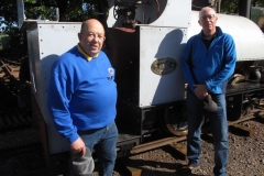 The Falcon in steam! Alan Keef Limited Open Day. Saturday 24.9.2022. Ian Cross (left) and Andy Cooper stand beside the cab.